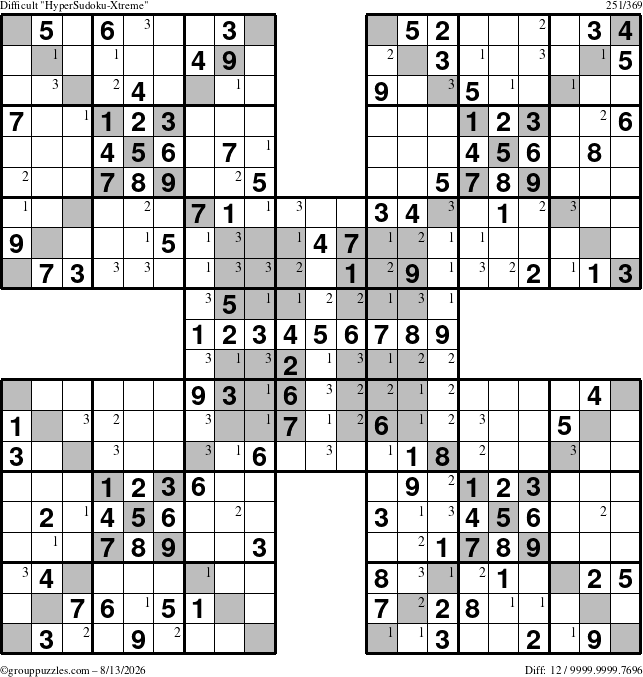 The grouppuzzles.com Difficult cover-HyperXtreme puzzle for Thursday August 13, 2026 with the first 3 steps marked