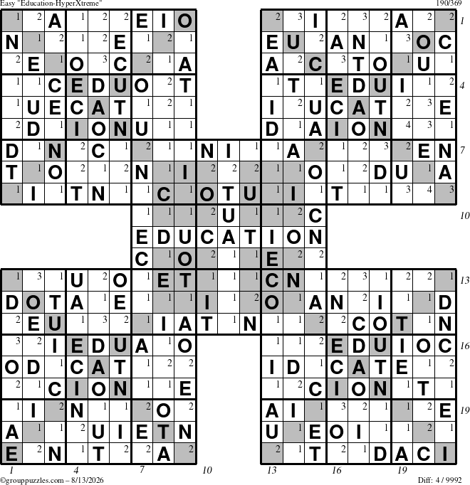The grouppuzzles.com Easy Education-HyperXtreme puzzle for Thursday August 13, 2026 with all 4 steps marked