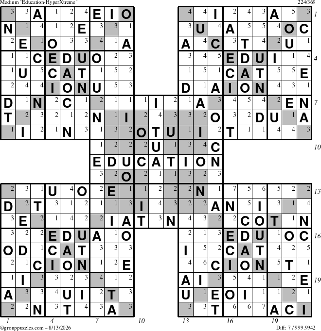 The grouppuzzles.com Medium Education-HyperXtreme puzzle for Thursday August 13, 2026 with all 7 steps marked