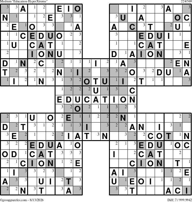 The grouppuzzles.com Medium Education-HyperXtreme puzzle for Thursday August 13, 2026 with the first 3 steps marked
