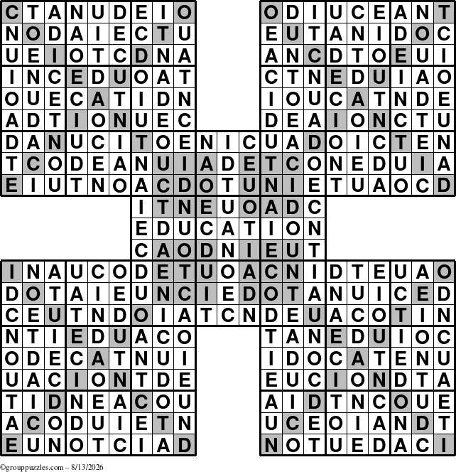 The grouppuzzles.com Answer grid for the Education-HyperXtreme puzzle for Thursday August 13, 2026