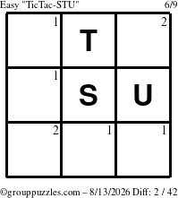 The grouppuzzles.com Easy TicTac-STU puzzle for Thursday August 13, 2026 with the first 2 steps marked