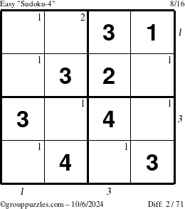 The grouppuzzles.com Easy Sudoku-4 puzzle for Sunday October 6, 2024 with all 2 steps marked