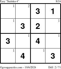 The grouppuzzles.com Easy Sudoku-4 puzzle for Sunday October 6, 2024 with the first 2 steps marked