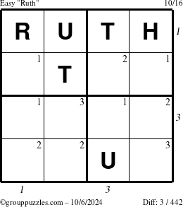 The grouppuzzles.com Easy Ruth puzzle for Sunday October 6, 2024 with all 3 steps marked