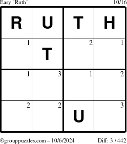 The grouppuzzles.com Easy Ruth puzzle for Sunday October 6, 2024 with the first 3 steps marked