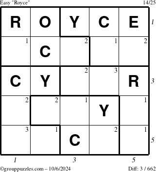 The grouppuzzles.com Easy Royce puzzle for Sunday October 6, 2024 with all 3 steps marked