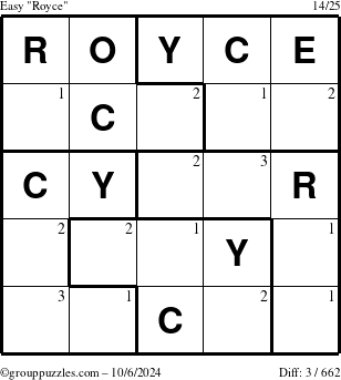 The grouppuzzles.com Easy Royce puzzle for Sunday October 6, 2024 with the first 3 steps marked