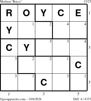 The grouppuzzles.com Medium Royce puzzle for Sunday October 6, 2024 with all 4 steps marked