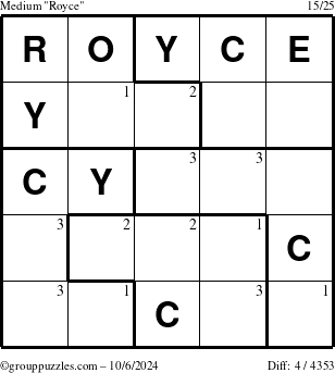 The grouppuzzles.com Medium Royce puzzle for Sunday October 6, 2024 with the first 3 steps marked