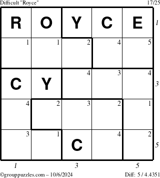 The grouppuzzles.com Difficult Royce puzzle for Sunday October 6, 2024 with all 5 steps marked