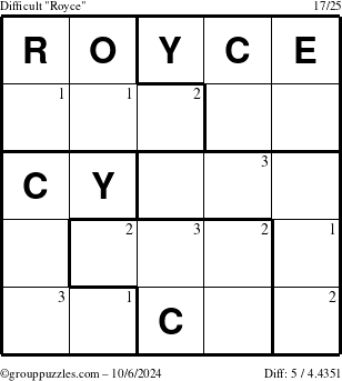 The grouppuzzles.com Difficult Royce puzzle for Sunday October 6, 2024 with the first 3 steps marked