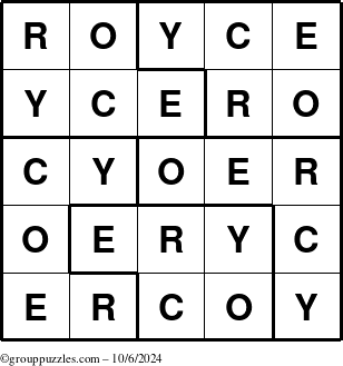 The grouppuzzles.com Answer grid for the Royce puzzle for Sunday October 6, 2024