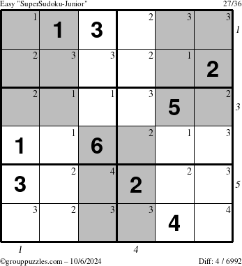 The grouppuzzles.com Easy SuperSudoku-Junior puzzle for Sunday October 6, 2024 with all 4 steps marked