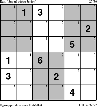 The grouppuzzles.com Easy SuperSudoku-Junior puzzle for Sunday October 6, 2024 with the first 3 steps marked