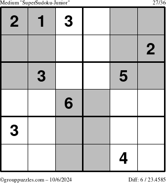 The grouppuzzles.com Medium SuperSudoku-Junior puzzle for Sunday October 6, 2024