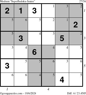 The grouppuzzles.com Medium SuperSudoku-Junior puzzle for Sunday October 6, 2024 with all 6 steps marked