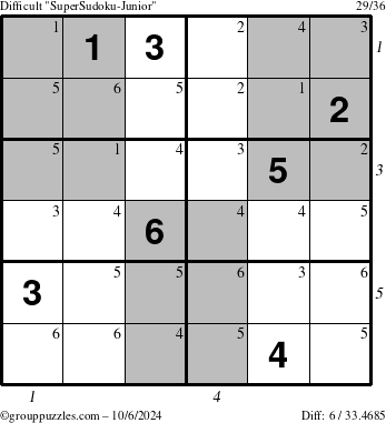 The grouppuzzles.com Difficult SuperSudoku-Junior puzzle for Sunday October 6, 2024 with all 6 steps marked