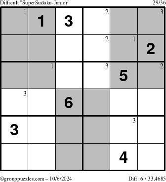 The grouppuzzles.com Difficult SuperSudoku-Junior puzzle for Sunday October 6, 2024 with the first 3 steps marked