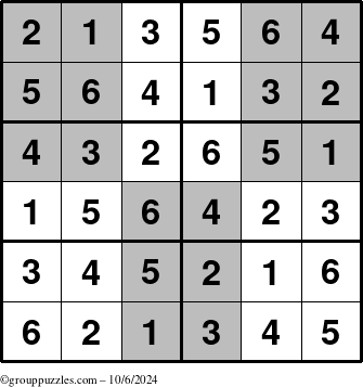 The grouppuzzles.com Answer grid for the SuperSudoku-Junior puzzle for Sunday October 6, 2024