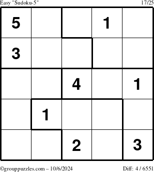 The grouppuzzles.com Easy Sudoku-5 puzzle for Sunday October 6, 2024