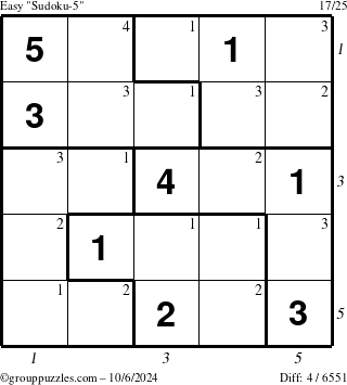 The grouppuzzles.com Easy Sudoku-5 puzzle for Sunday October 6, 2024 with all 4 steps marked