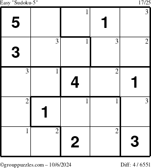 The grouppuzzles.com Easy Sudoku-5 puzzle for Sunday October 6, 2024 with the first 3 steps marked