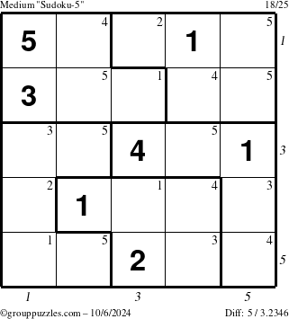 The grouppuzzles.com Medium Sudoku-5 puzzle for Sunday October 6, 2024 with all 5 steps marked