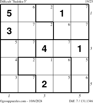 The grouppuzzles.com Difficult Sudoku-5 puzzle for Sunday October 6, 2024 with all 7 steps marked