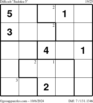 The grouppuzzles.com Difficult Sudoku-5 puzzle for Sunday October 6, 2024 with the first 3 steps marked