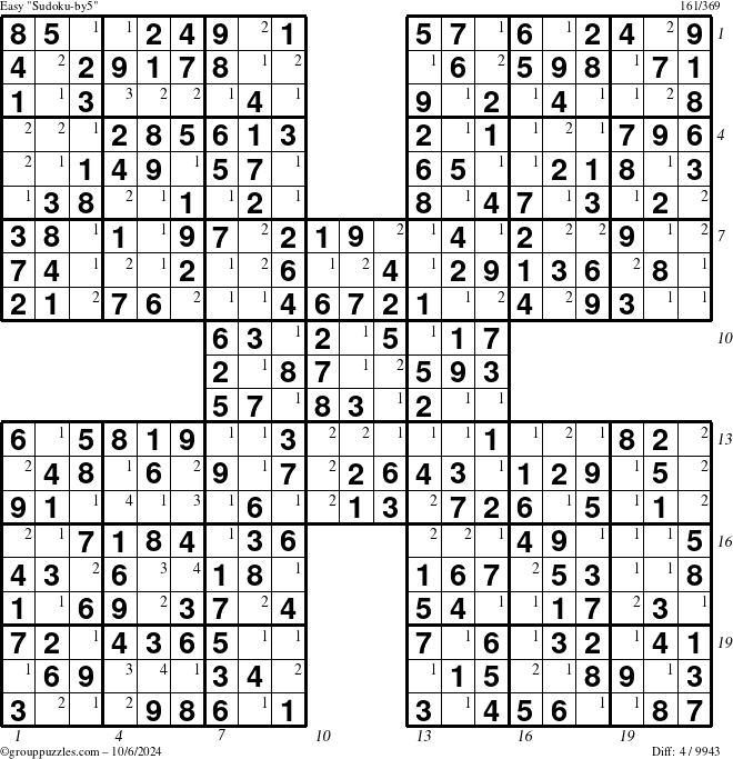 The grouppuzzles.com Easy Sudoku-by5 puzzle for Sunday October 6, 2024 with all 4 steps marked