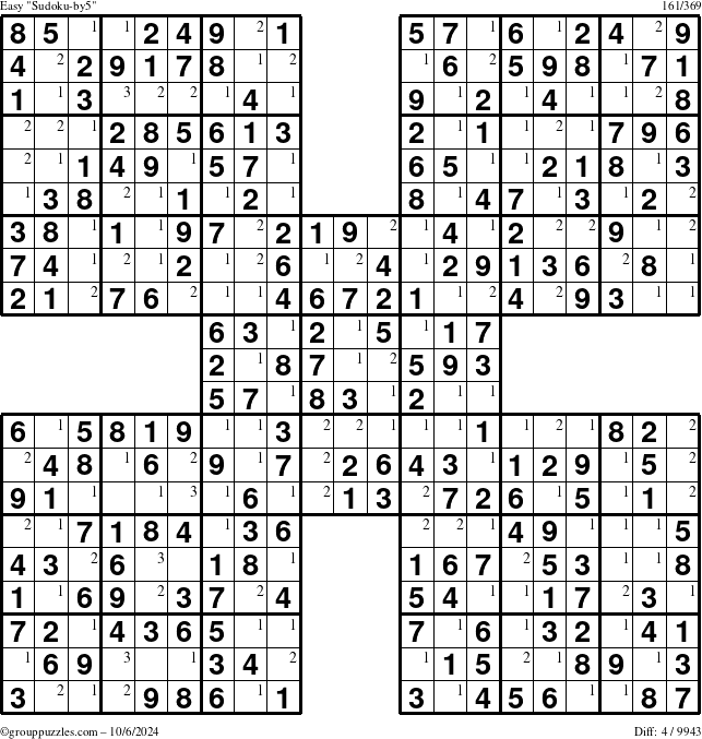 The grouppuzzles.com Easy Sudoku-by5 puzzle for Sunday October 6, 2024 with the first 3 steps marked