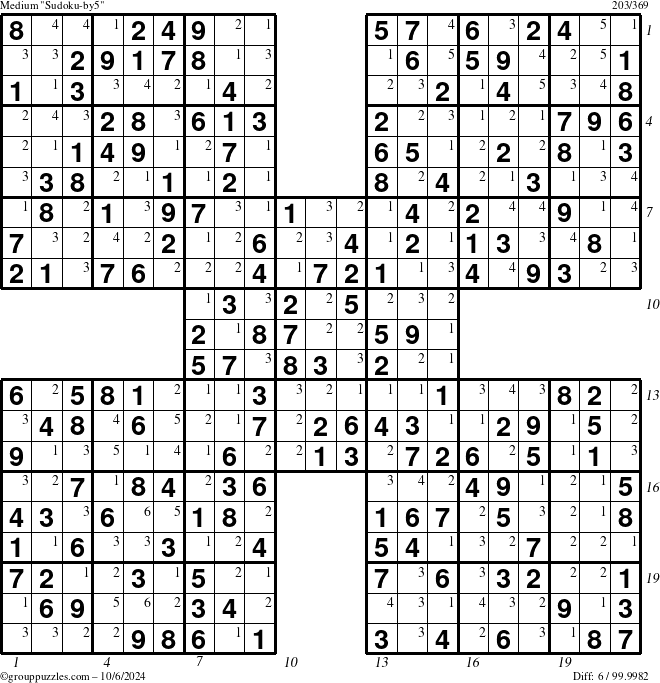 The grouppuzzles.com Medium Sudoku-by5 puzzle for Sunday October 6, 2024 with all 6 steps marked