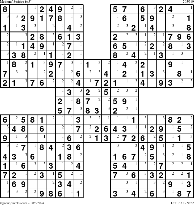 The grouppuzzles.com Medium Sudoku-by5 puzzle for Sunday October 6, 2024 with the first 3 steps marked