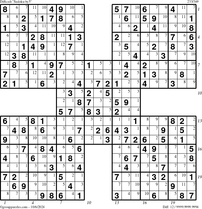 The grouppuzzles.com Difficult Sudoku-by5 puzzle for Sunday October 6, 2024 with all 12 steps marked