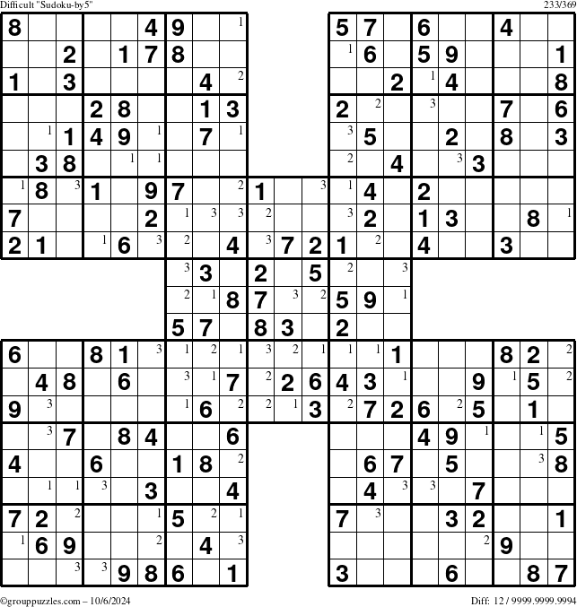 The grouppuzzles.com Difficult Sudoku-by5 puzzle for Sunday October 6, 2024 with the first 3 steps marked