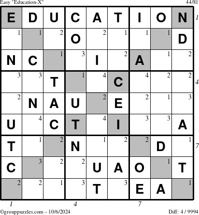 The grouppuzzles.com Easy Education-X puzzle for Sunday October 6, 2024, suitable for printing, with all 4 steps marked