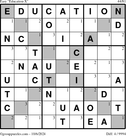 The grouppuzzles.com Easy Education-X puzzle for Sunday October 6, 2024 with the first 3 steps marked