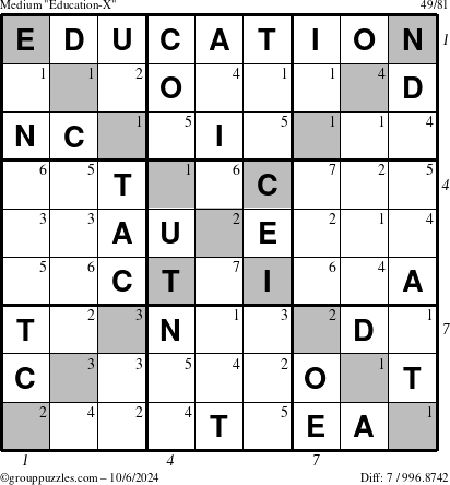 The grouppuzzles.com Medium Education-X puzzle for Sunday October 6, 2024, suitable for printing, with all 7 steps marked