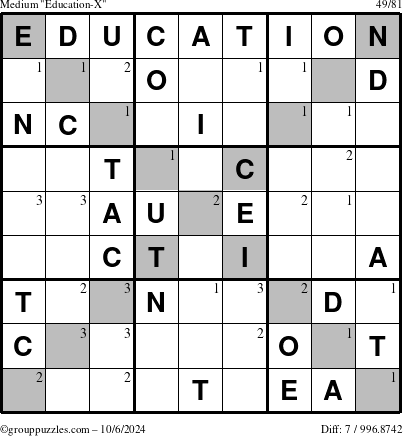 The grouppuzzles.com Medium Education-X puzzle for Sunday October 6, 2024 with the first 3 steps marked