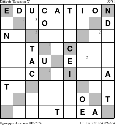 The grouppuzzles.com Difficult Education-X puzzle for Sunday October 6, 2024 with the first 3 steps marked