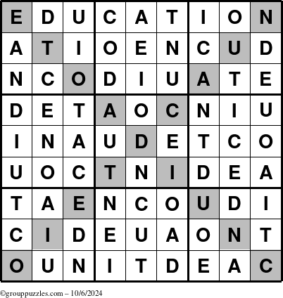 The grouppuzzles.com Answer grid for the Education-X puzzle for Sunday October 6, 2024