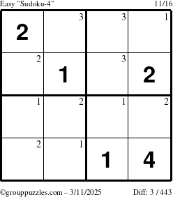 The grouppuzzles.com Easy Sudoku-4 puzzle for Tuesday March 11, 2025 with the first 3 steps marked