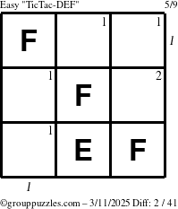 The grouppuzzles.com Easy TicTac-DEF puzzle for Tuesday March 11, 2025 with all 2 steps marked