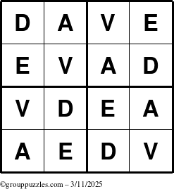 The grouppuzzles.com Answer grid for the Dave puzzle for Tuesday March 11, 2025