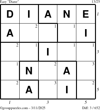 The grouppuzzles.com Easy Diane puzzle for Tuesday March 11, 2025 with all 3 steps marked