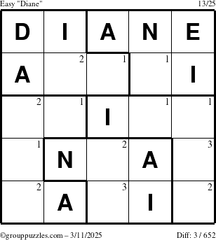 The grouppuzzles.com Easy Diane puzzle for Tuesday March 11, 2025 with the first 3 steps marked