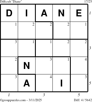 The grouppuzzles.com Difficult Diane puzzle for Tuesday March 11, 2025 with all 4 steps marked