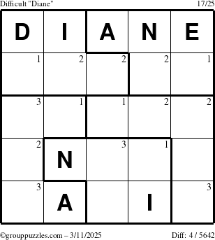 The grouppuzzles.com Difficult Diane puzzle for Tuesday March 11, 2025 with the first 3 steps marked