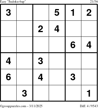 The grouppuzzles.com Easy Sudoku-6up puzzle for Tuesday March 11, 2025